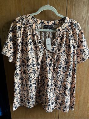 Lane Bryant Peach and Navy Printed Short Sleeve Blouse
